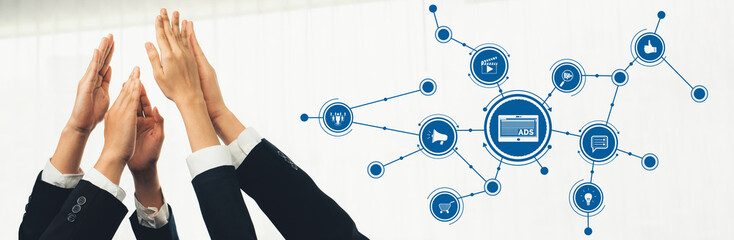 Office worker team stacking hand together symbolize successful group of business partnership and strong collective unity teamwork in community workplace in panoramic banner. Shrewd Amity