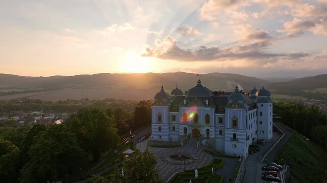 Aerial view of Halic Castle in the village of Halic in Slovakia - Sunset