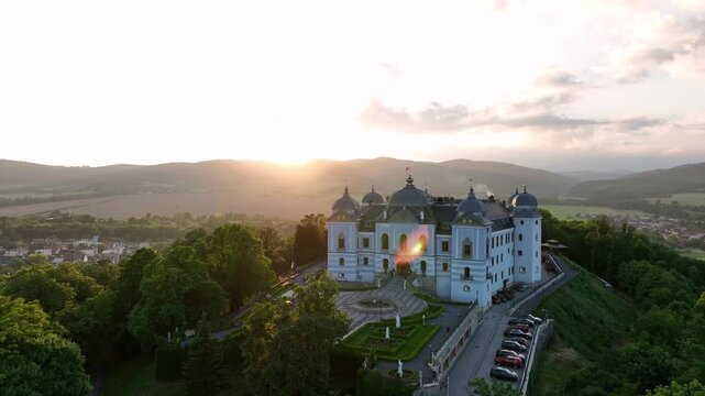Aerial view of Halic Castle in the village of Halic in Slovakia - Sunset