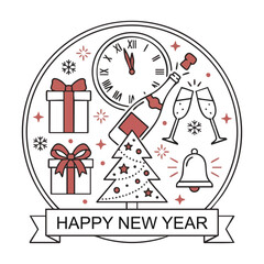 Minimalist New Year circular line art illustration with clock, champagne, gifts and holiday ribbon banner