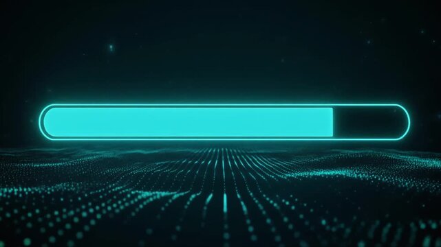 Futuristic holographic loading bar with glowing cyan light on digital grid background. Modern progress indicator representing technology, data processing, loading system, and cyber interface concept.