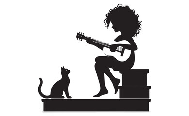Silhouette of girl playing guitar with curious cat on steps