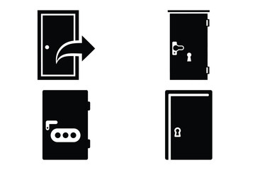 login door silhouette vector icon set, black color and white background