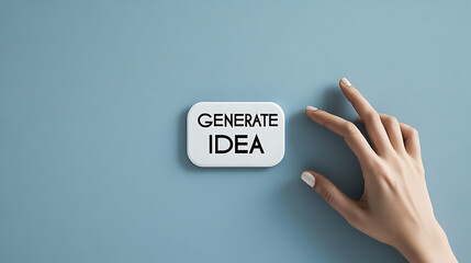 A hand gently touches a Generate Idea button on a blue surface, emphasizing concept origination and thought sparking. The image conveys innovation and creative process.