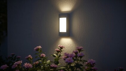 Wall Light Shines Brightly Above Flowers at Night in a Garden Setting