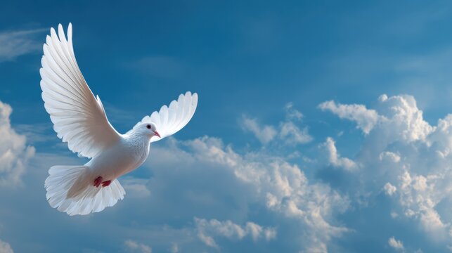 Funeral service background, a pure white dove flying towards the light, wide blue sky background with fluffy clouds, divine sun rays breaking through clouds, god rays, spiritual atmosphere.