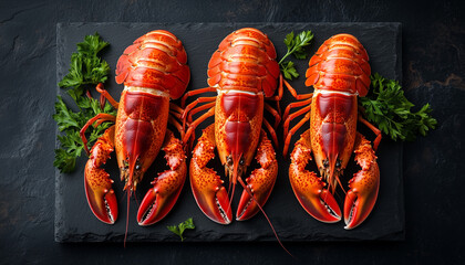 Top view shows cooked red crayfish in bowl. Parsley garnish and black slate add visual interest. Culinary presentation captures gourmet