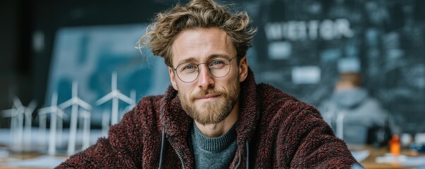 Portrait of a thoughtful engineer in glasses at a desk with wind turbine models in the background