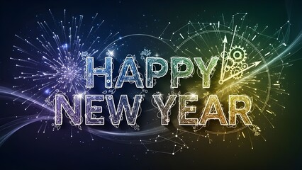 Digital Dawn of a New Year: A Futuristic Celebration with Circuit-Style Typography, Fireworks, Clockwork Time, and Celestial Accents Illuminating the Joyful Spirit of 2026’s Arrival
