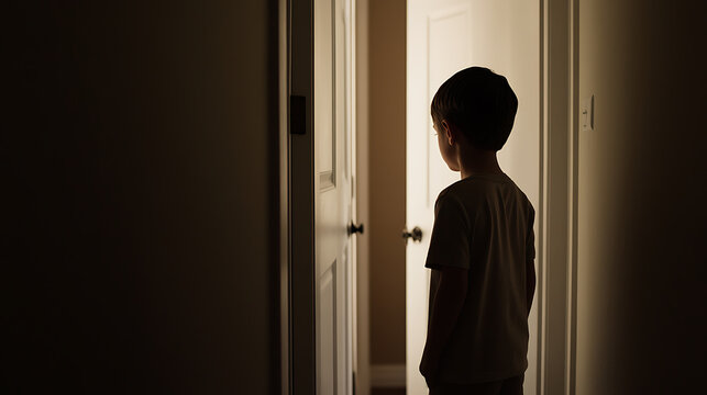 A young child stands silhouetted in a doorway, peering out from the softly lit room into the dark hallway, creating an atmosphere of mystery and uncertainty. Contemplation.