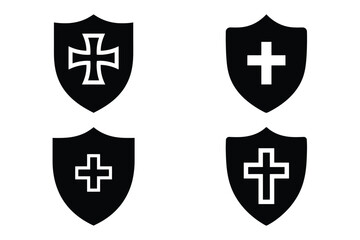 Fototapeta premium shield cross silhouette vector icon set, black color and white background