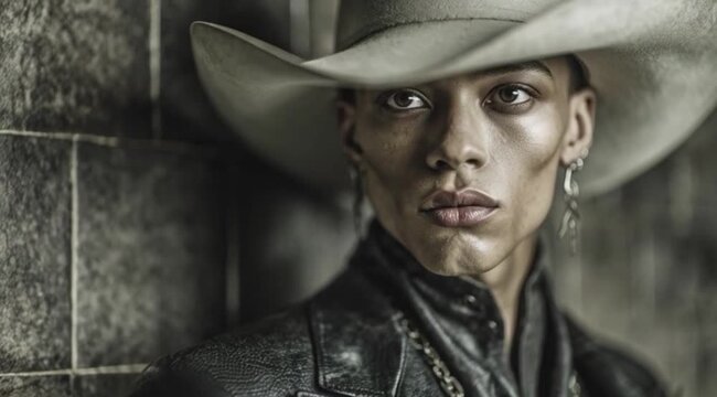 Homem Elegante de Estetica Androgina com Chapeu Branco e Jaqueta de Couro em Moda Editorial Futurista