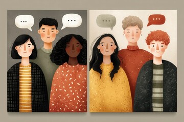 Diverse group of four friends in two panels, smiling and chatting together