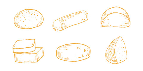 Cheese icons set, hand drawn sketch set. Cheese set illustration, wedges and slices. Charcuterie cheese pack, menu icons