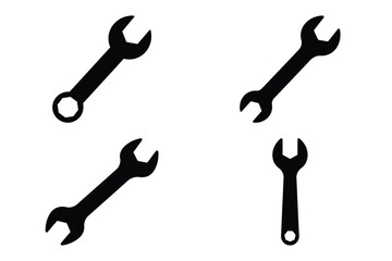 wrench tool silhouette vector icon set, black color and white background