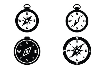 adventure compass silhouette vector icon set, black color and white background