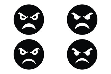 angry face silhouette vector icon set, black color and white background