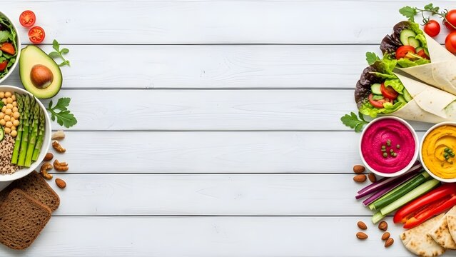 Healthy vegan food border with fresh vegetable wraps salad bowl and colorful hummus dips on a white wooden background with copy space