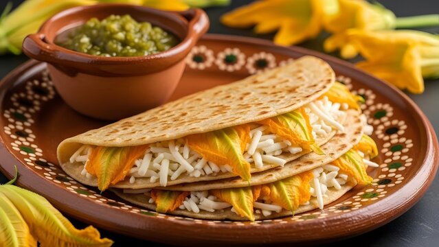 Authentic Mexican quesadillas filled with cheese and squash blossoms served with green salsa on a traditional clay plate
