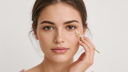 Woman Applying Skincare With a Flower Near Her Face in a Light Setting