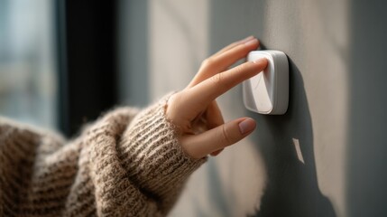 Smart Home Control: A hand interacts with a sleek smart home device, symbolizing effortless control and modern living.