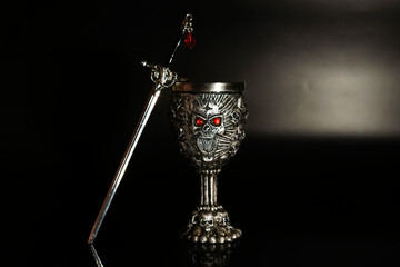 Gothic Skull Goblet and Sword with Red Accents
