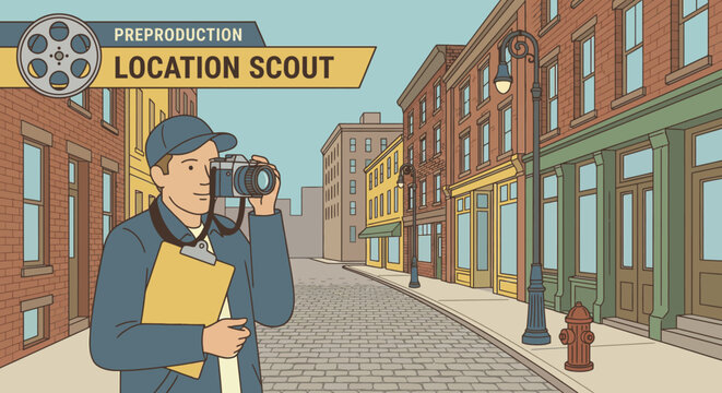 Professional location scout taking photographs with camera on city street during preproduction phase while holding clipboard for movie film project planning.