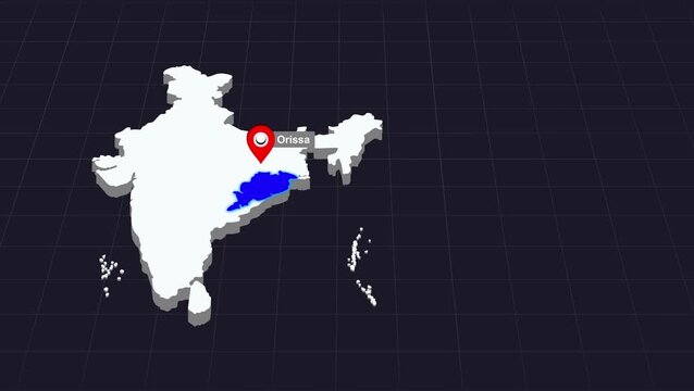 Orissa Map highlighted in Indian Map shown on a detailed map animation