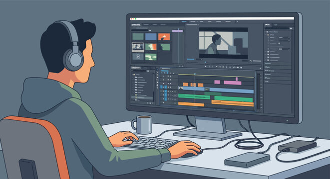 Young male video editor wearing headphones sitting at desk editing movie footage on computer screen with complex timeline software interface during post production.