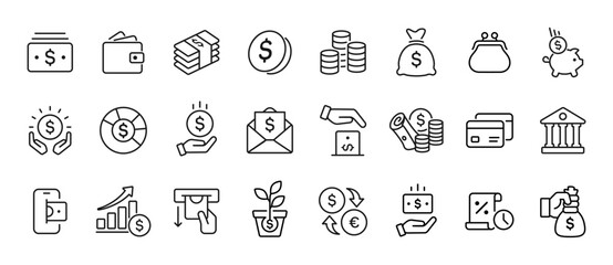 Money icon set outline style. Financial and banking line icon collection. Business and investment symbols. Wallet, cash, piggybank, bank, mobile banking concepts.