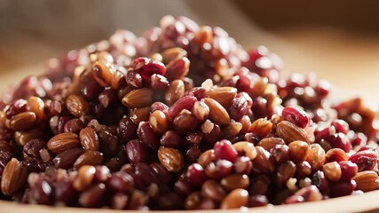 A closeup shot of freshly cooked steaming purple and red corn kernels or ancient grains piled high showcasing their vibrant natural colors and rustic texture ready to be enjoyed as a healthy and whol.