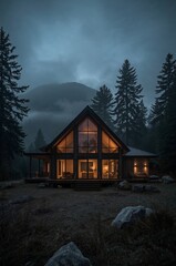 Cozy Cabin Stands in the Mountains With Lights Glowing at Dusk