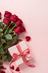 Celebration With Red Roses and a Gift Box on a Light Pink Background for a Special Day