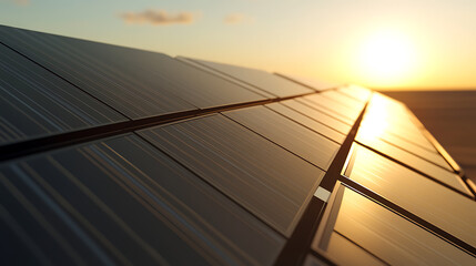 Sunset reflecting on a solar panel array, highlighting clean energy and sustainable technology. The panels gleam with the setting sun, symbolizing renewable solutions.