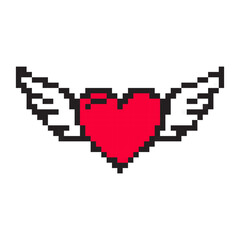 Pixel art icon of a winged heart for Valentine&rsquo;s Day. Cute retro 8-bit design symbolizing love, passion, and freedom for romance, wedding, or gift projects.