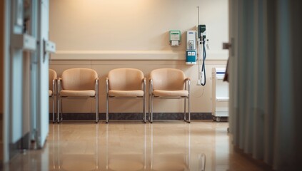 Empty Hospital Waiting Area With Tan Chairs and Medical Equipment on the Wall