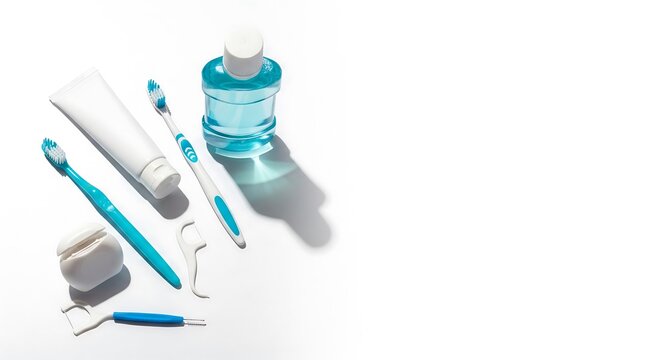 Oral hygiene set with toothbrushes mouthwash dental floss and interdental brush on white background