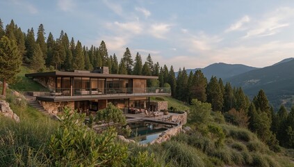 Modern Building in the Mountains Surrounded by Trees and Rocks During Daylight