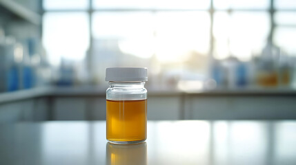 Laboratory vial with golden liquid against a blurred backdrop, evokes science and research. The vial is focus of the frame with a clean white surface in the front.
