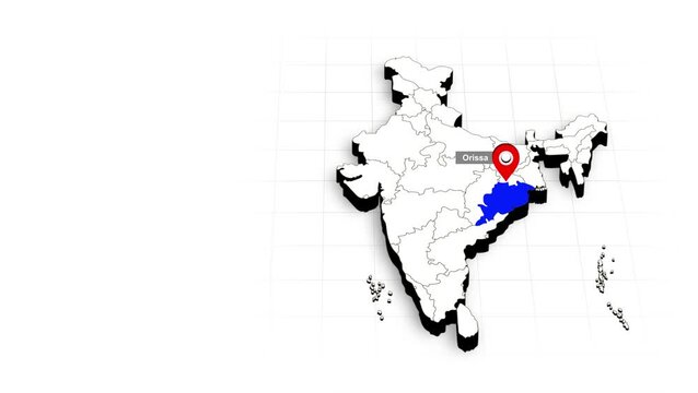 Premium_India_Map_animated_with_Orissa_outline, highlighted on the India Map Video, with Borders, Geography & Education. India map video, Indian territory video.
