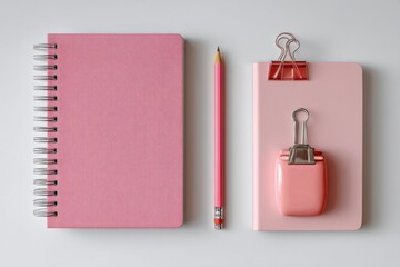 Organized pink stationery set with notebook, pencil, clips, and minimalist backdrop