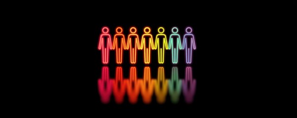 Group of people in neon rainbow colors with reflection on a black background