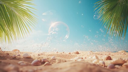 Bright Beach With Sand, Shells, Bubbles, and Palm Trees Under Clear Sky in Tropical Setting