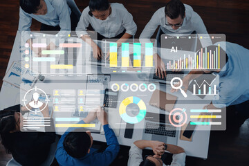 A diverse team collaborates in a modern office setting, utilizing advanced technology and data visualizations to enhance business decisions and strategies. Gantry