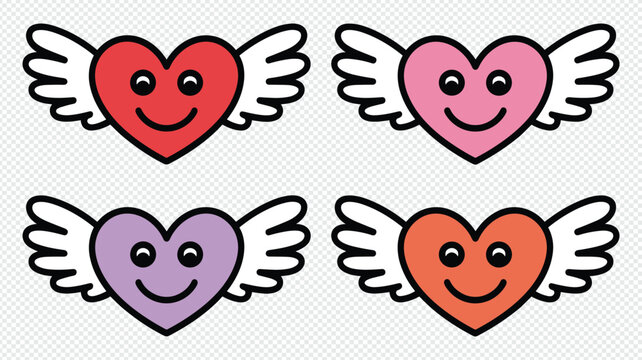 Cute flying heart character set with wings happy smiling face cartoon design elements