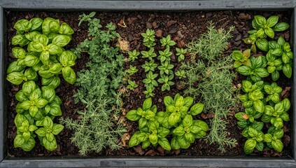 Herb Garden With Various Plants Arranged in a Tray for Outdoor Growing