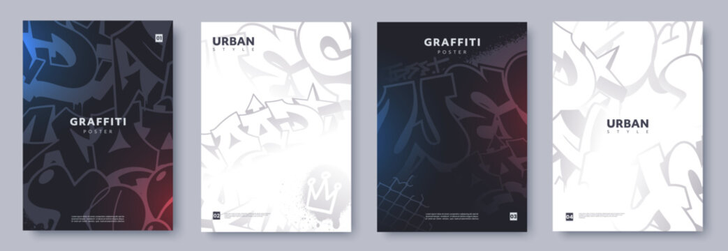 Modern urban graffiti vector posters with abstract street art elements, bold shapes, layered textures, and dark light gradients. Ideal for street culture branding, music events, youth banners, flyers.