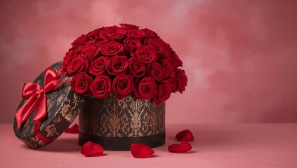 Beautiful Arrangement of Red Roses in Round Gift Box on Pink Surface During Daytime