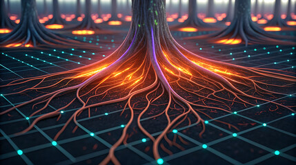 Glowing Tree Roots Intertwined with Digital Network