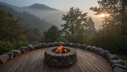 Fire Pit on Wooden Deck With Trees and Mountains During Sunrise in a Foggy Morning